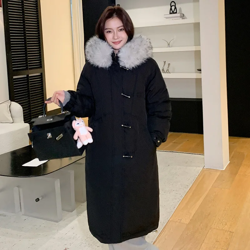 Winter Trend Horn Button Long Parkas Coat Women Oversize Fur Collar Hooded Cotton Jacket Elegant Thicken Warm Cotton-Padded Coat