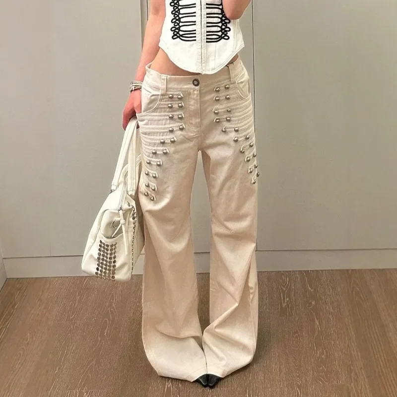 American Vintage Style Hot Girl Multi-Button Metal Women's Denim Pants Gothic Street Niche Studded Design Floor-Length Trousers