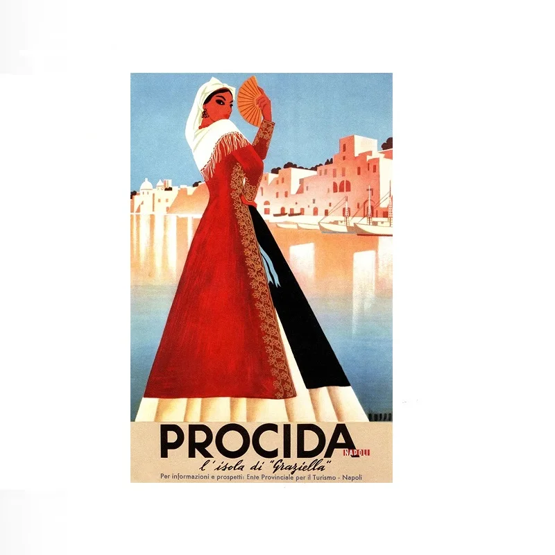 Visit Procida Napoli Naples Italy Vintage Illustration Travel Cool , Art Picture Print Canvas Poster Home Wall Decor