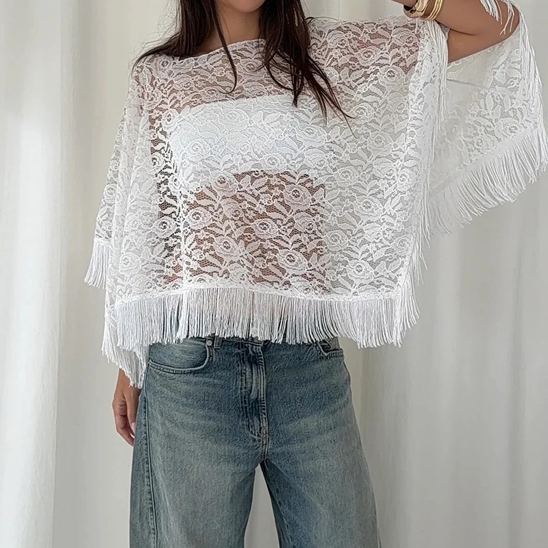 Trendy Tassel Splice Beach Holiday Pullover Sexy Pure Desire Hollow Out Sun Protection Cover Top Casual Solid Lace Shawl Blouses