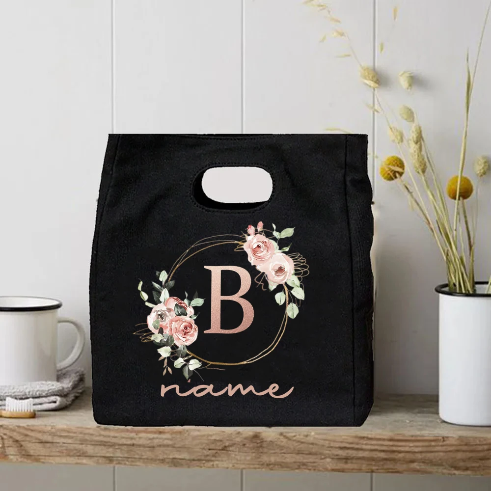 Personalize Floral Alphabet Print Lunch Bags Canvas 26 Alphabet Women Handbag School Food Storage Office Cooler Picnic Tote Bags