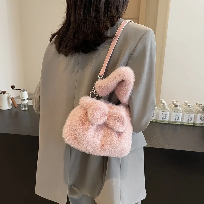 Autumn/Winter New NicheDesignbow Wool Bucket Bag Versatile Handheld Single Shoulder Slant Cross Bag Soft Polyester Lining Purses