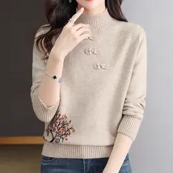 Women's Stylish Chinese Style Vintage Embroidery Knitted Sweater Autumn Winter Half High Collar Long Sleeve Loose Pullover Tops