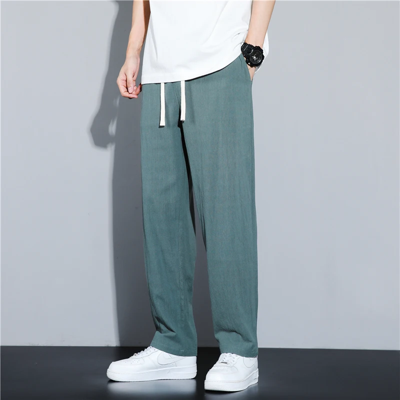 

Мужские повседневные брюки из хлопка и льна, оверсайз, широкие штанины, свободный крой, в американском уличном стиле, весна-осень, прямые льняные брюки