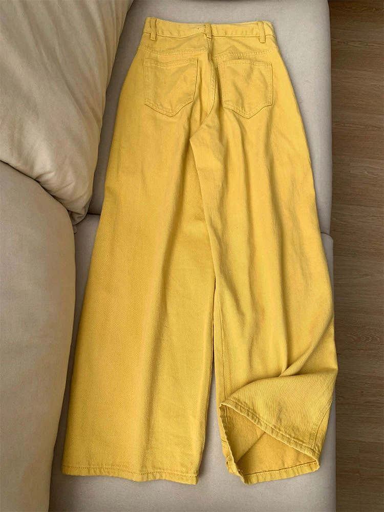 American Loose Wide Leg Jeans for Women Y2K High Waist Streetwear All Match Yellow Denim Pants Hip Hop Casual Straight Trousers