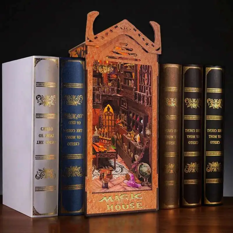 

DIY Wooden Book Nook Magic House Figurines Miniatures Bookend Handmade Bookshelf for Friends Birthday Gifts Home Decor Crafts