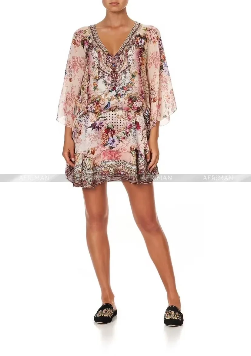 2024 New V Neck Heavy Beaded Flare Sleeve Flower Print Multi-layer Ruffles Mini Silk Dress