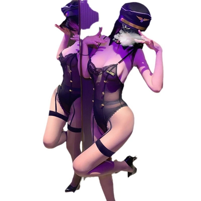 Nachtclub Spitze OL Stewardess Sexy Unterwäsche Polizistin Uniform Set Cosplay schwarze Seide verführerische Damenpyjamas L574
