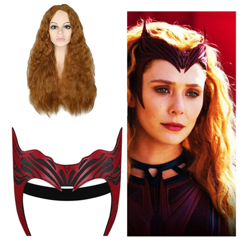 Peluca de bruja escarlata, cabello rizado resistente al calor, máscara de Cosplay, Marrón largo, ondulado, de separación media, Wanda Maximoff