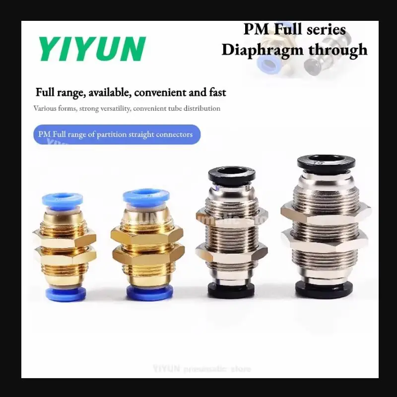 PM4 PM6 PM8 PM10 PM12 Through plate copper thread joint Pneumatic fittings diaphragm gas pipe quick quick connection joint