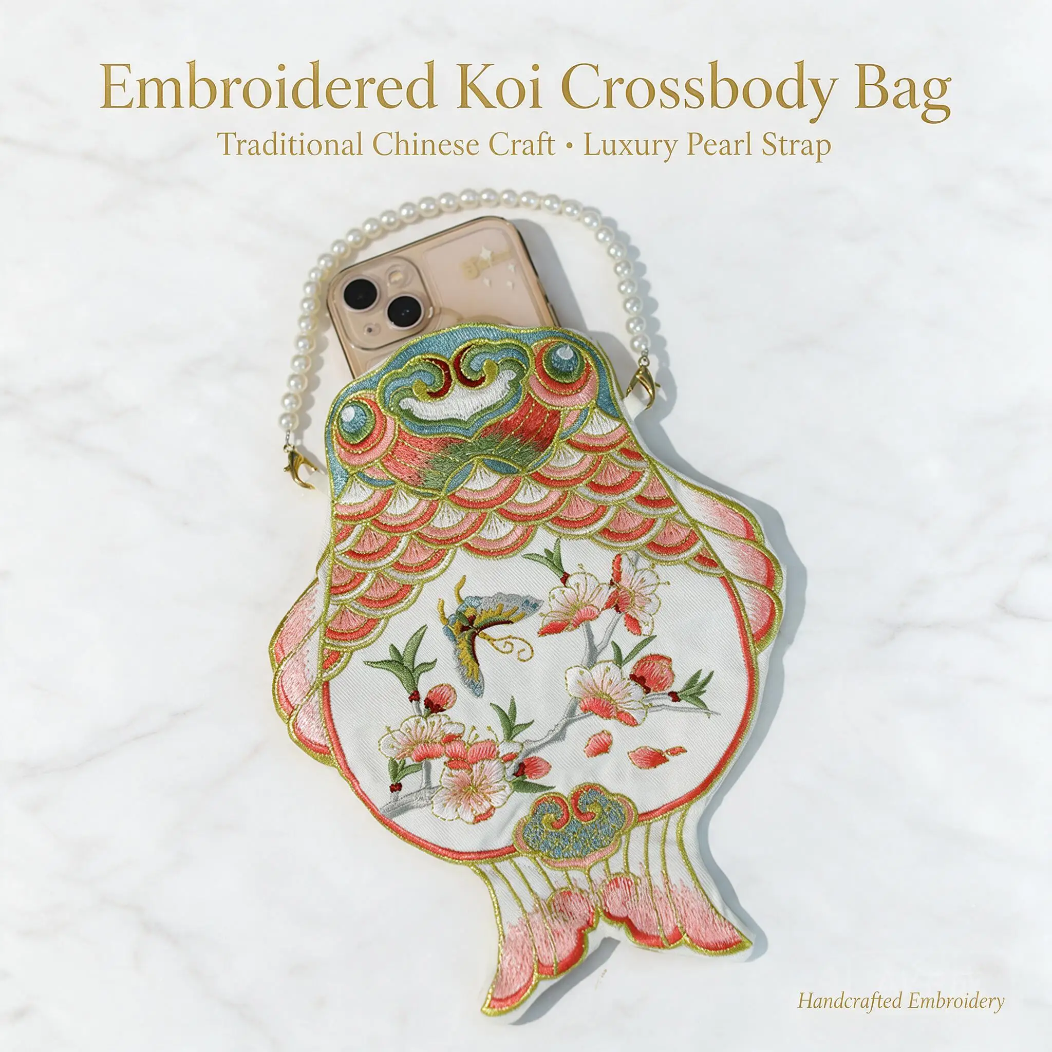 Women Chinese Vintage Style Hanfu Accessory New Double Sided Embroidered Goldfish Crossbody Bag With Pearl Strap For Daily Party