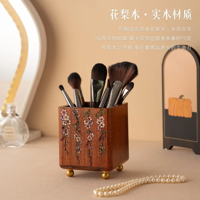 Makeup Brush Storage Solid Wood Pen Holder Desktop Cosmetics Storage Box Eyebrow Pencil Brush Dresser Storage Bucket