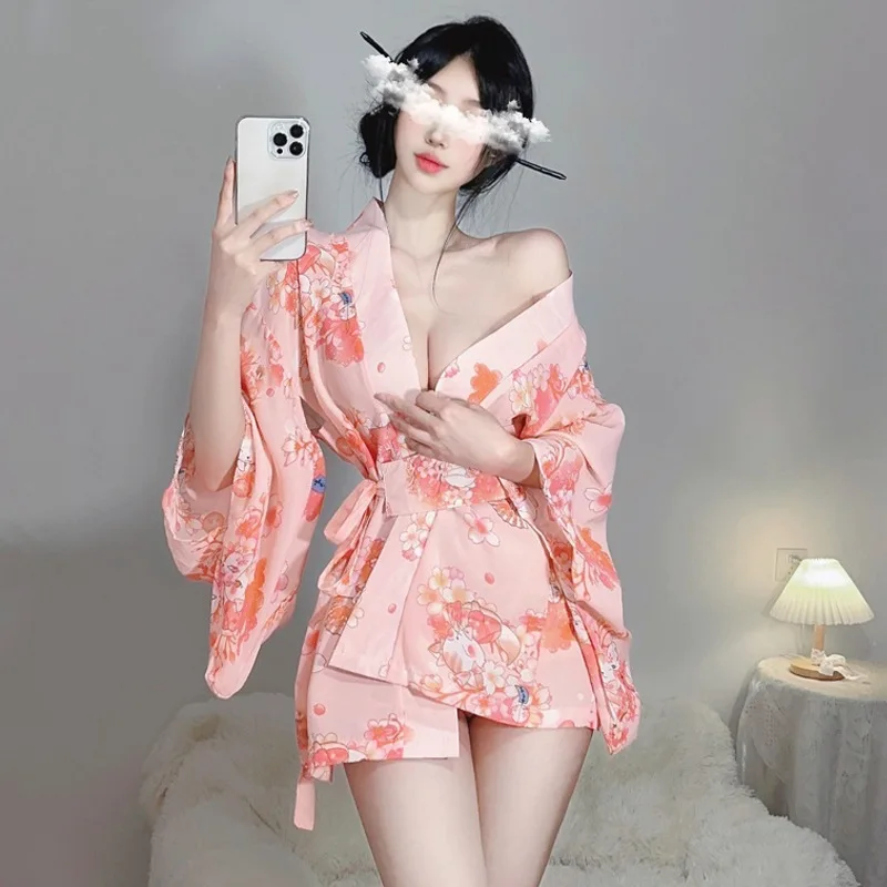 

Японское женское сексуальное кимоно, халаты для девочек, сладкий вишневый цветочный принт, эротическая униформа, ночная рубашка, шифоновый халат, нижнее белье