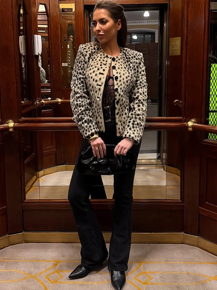 Faux Fur Spotted Leopard Print Cropped Jacket Women Round Neck Single Breasted Fluffy Plush Coat 2026 Lady Vintage Y2K Outerwear