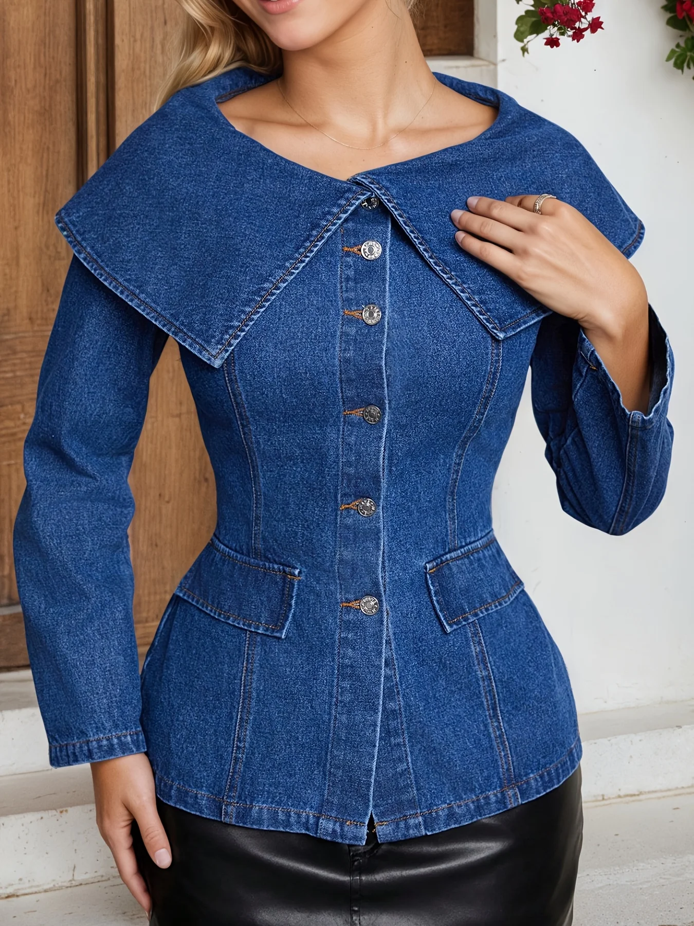 

Ladies' fashionable street style denim jacket with a large lapel, long sleeved waist design, button up cardigan, casual