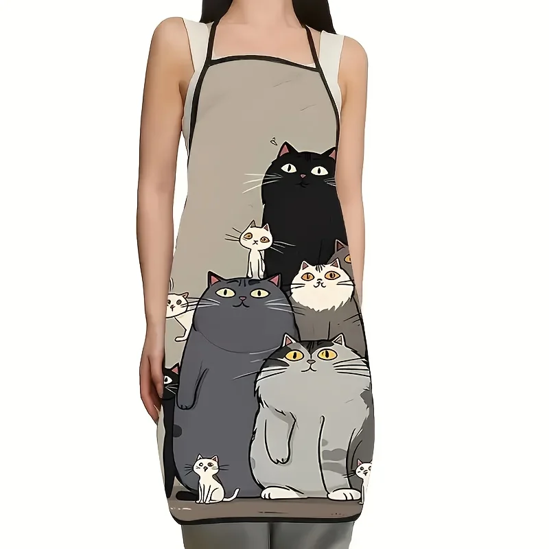 Funny Group Cats Cartoon Print Apron Waterproof Fat Cat Animal Theme Kitchen Cooking Bib for Men Women Household Cover