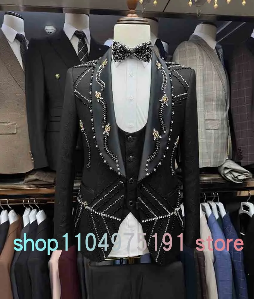 Luxury Crystal Beading 3-piece Men's Suit (Blazer+Vest+Pants ) Temperament Men's Stage Costume Wedding Party Dress prom dresses