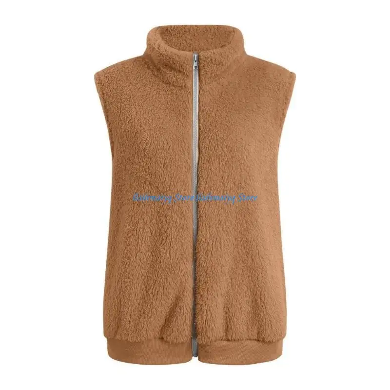 573B Plush stand collar sleeveless zipper lightweight vest comfortable with pockets women's
