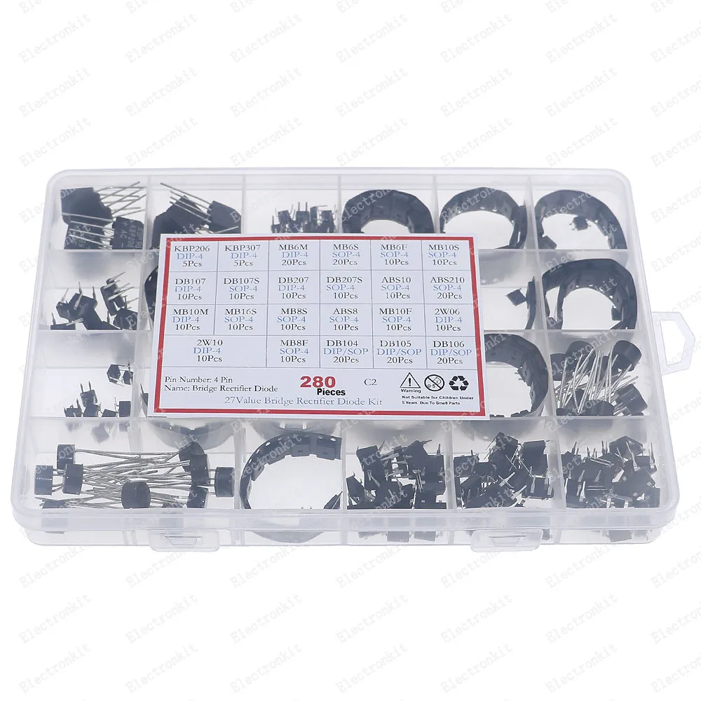 280Pcs 27Values Bridge Rectifier Assorted Kit KBP206 KBP307 MB6M MB10F MB6S DB107 DB207 ABS10 MB10M 2W10 MB8F DB104 MB16S DB106