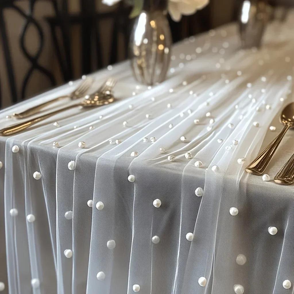 White Pearl Beaded Tulle 29.53x78.7inch, Romantic Fabric for Table Runner Ceremony Backdrop Home Birthday Valentine Party Decor