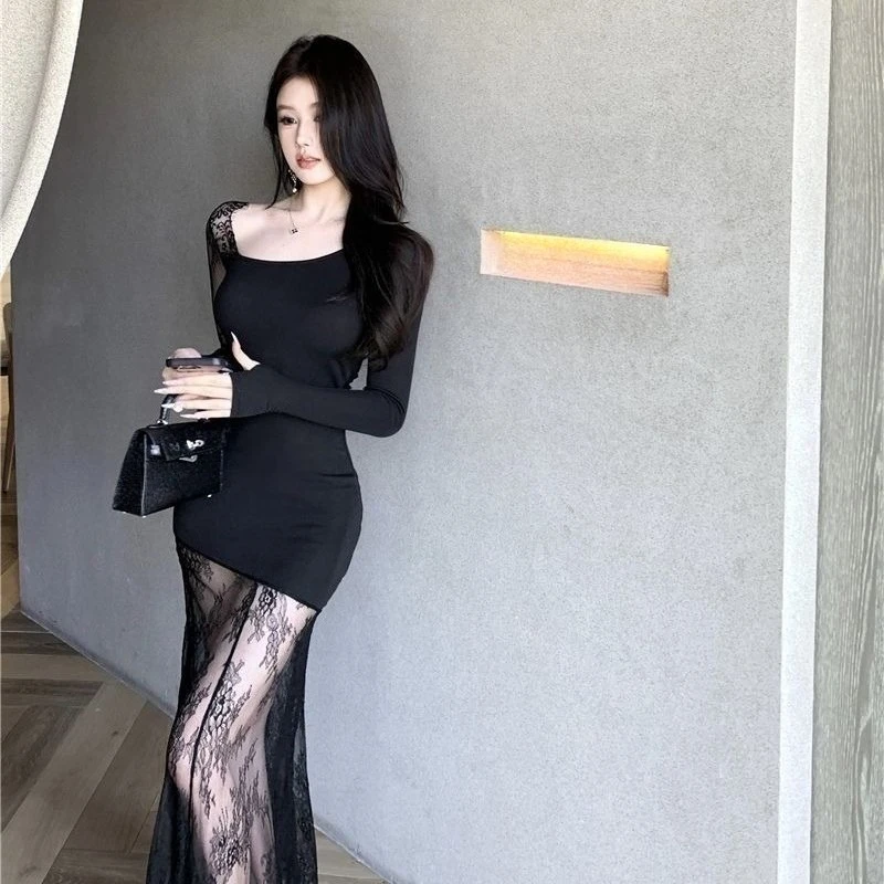 

Французское элегантное шикарное сексуальное кружевное асимметричное платье-макси с лоскутным дизайном, облегающее, для вечеринок, клубов, длинное вечернее платье ​