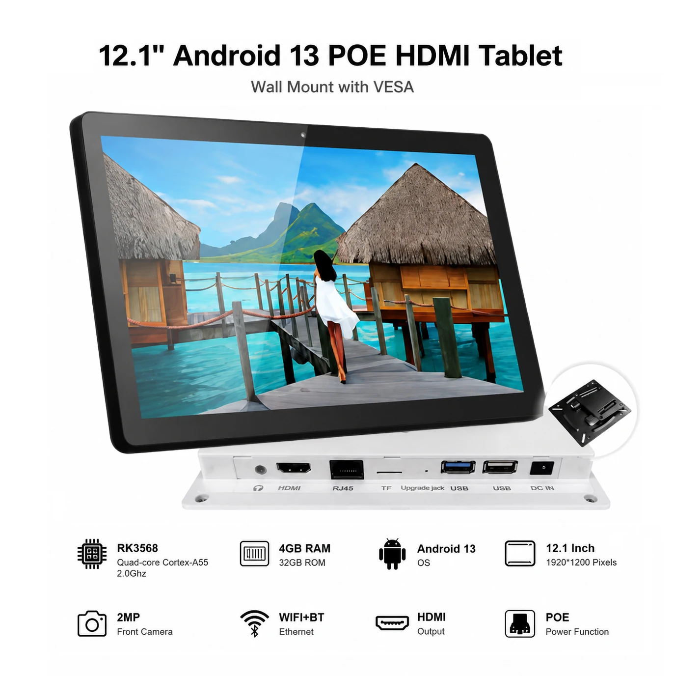 Wall Mount 12 Inch Android 13 POE HDMI Tablet, 1920*1200 Touch Screen Smart Home Panel, Surveillance Display Video Monitor