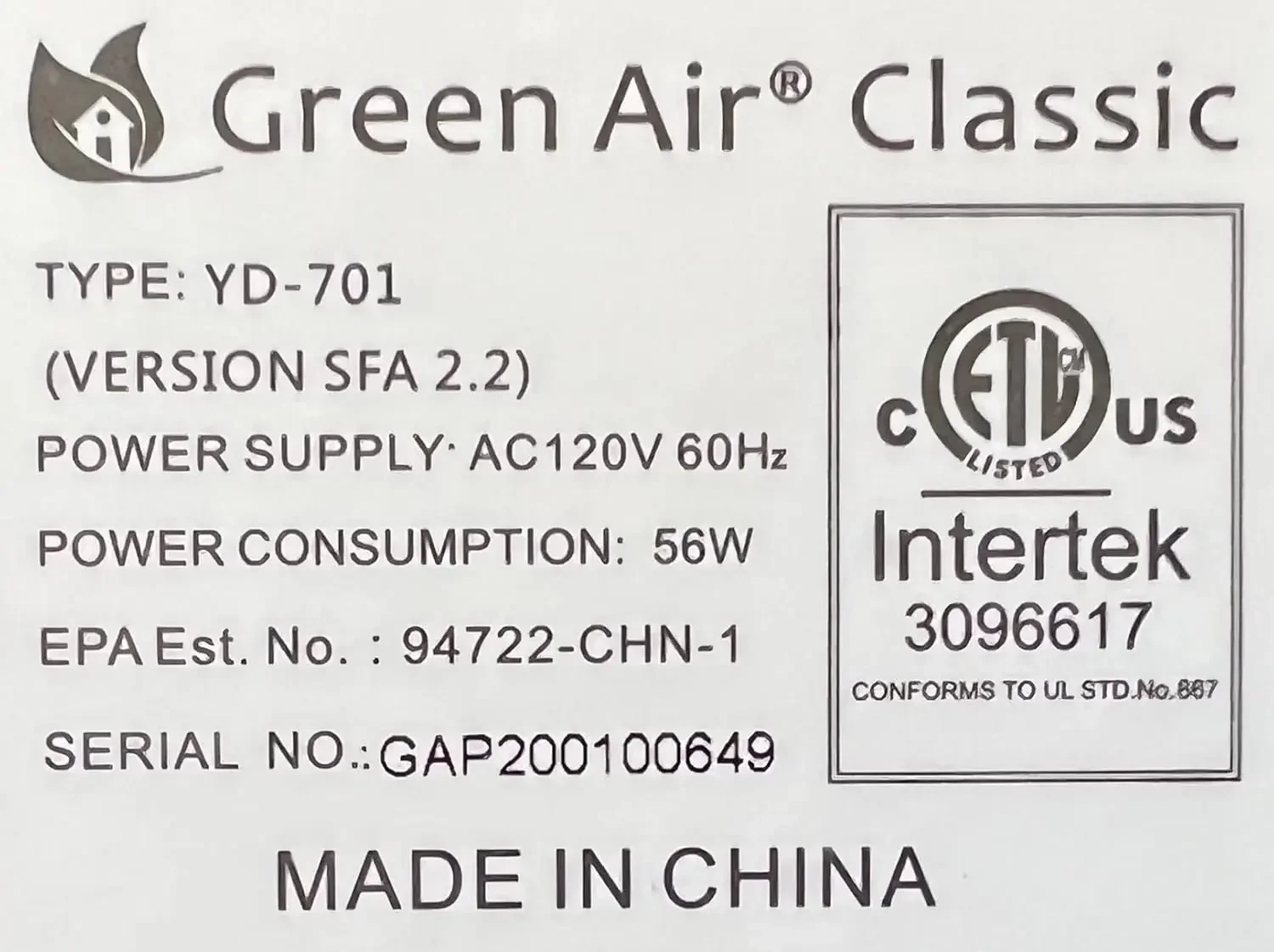 Green Air Classic Air Purifier Ozone Generator