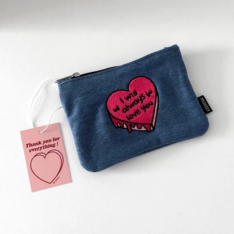 Love Embroidered Korean Denim Coin Purse Minji Cute Mini Lipstick Storage Bag Portable Storage Same Style for Men and Women