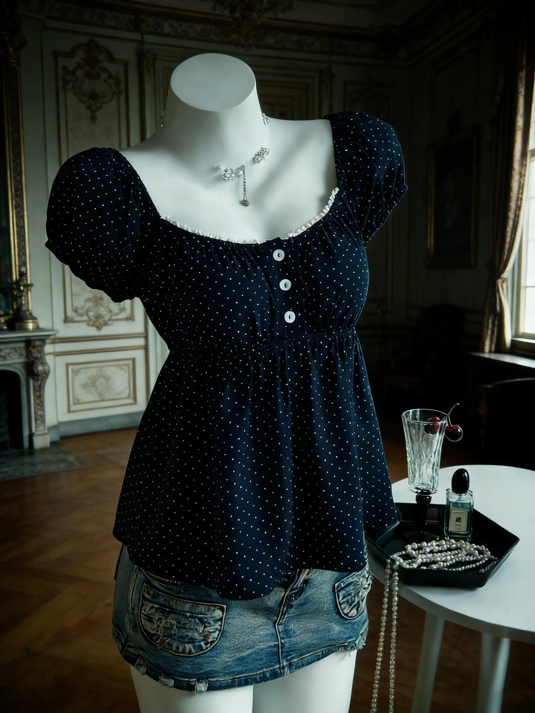 

Summer sweet polka dot design square neck button solid color fitted top dress.