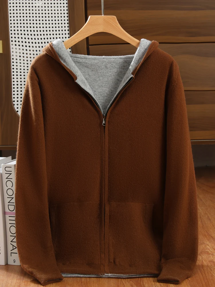 Cardigã Masculino de Cashmere com Capuz e Zíper Dupla Face, Cores Contrastantes, Grosso e Solto, Suéter Casual de Tricô para Outono e Inverno