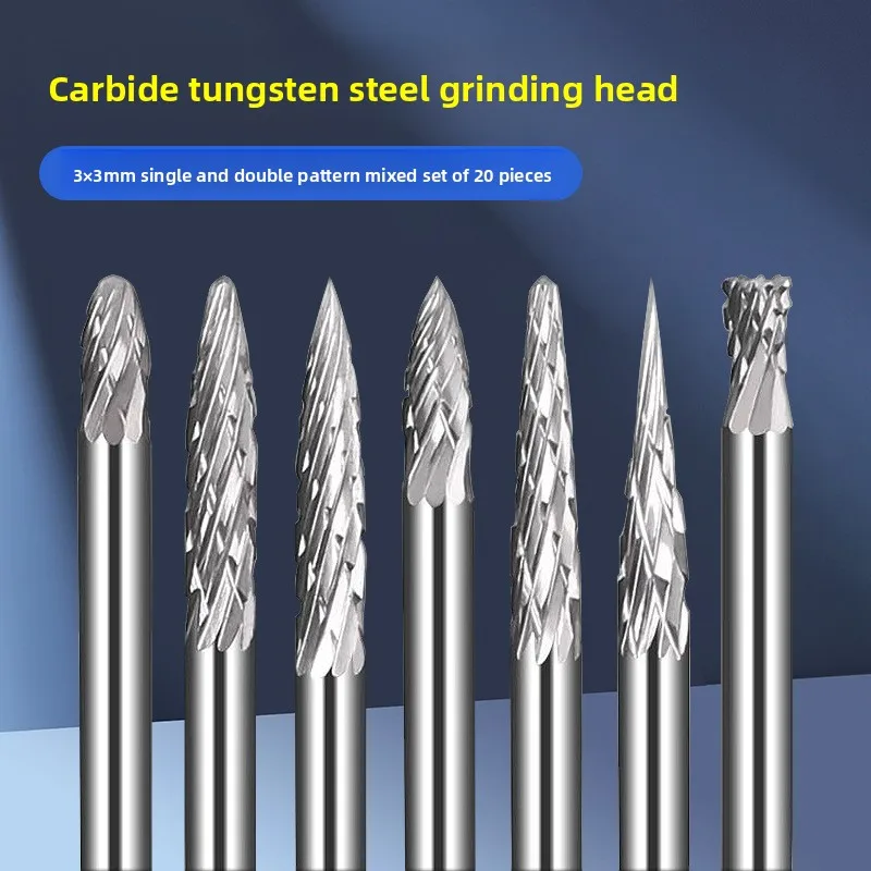 20pcs 3*3mm hard alloy tungsten steel grinding head rotating file head wood carving grinding head root carving carving knife