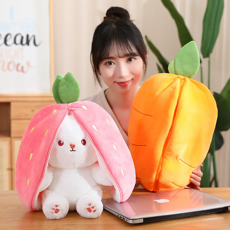 Peluche de conejo de peluche Kawaii para niños, almohada con relleno de conejo suave escondido en bolsa de fruta