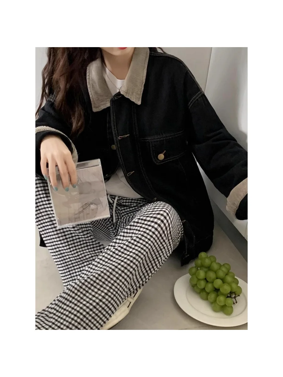 plus Size Denim Jacket Women's Autumn Winter Loose Fit Long Sleeve Velvet Collar Jacket Korean Style Casual Outerwear