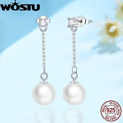 Wostu 925 Sterling Silver Natural 8MM Fresh Water Pearl Long Tassel Stud Earrings For Women Dangle Drop Earring Wedding Jewelry