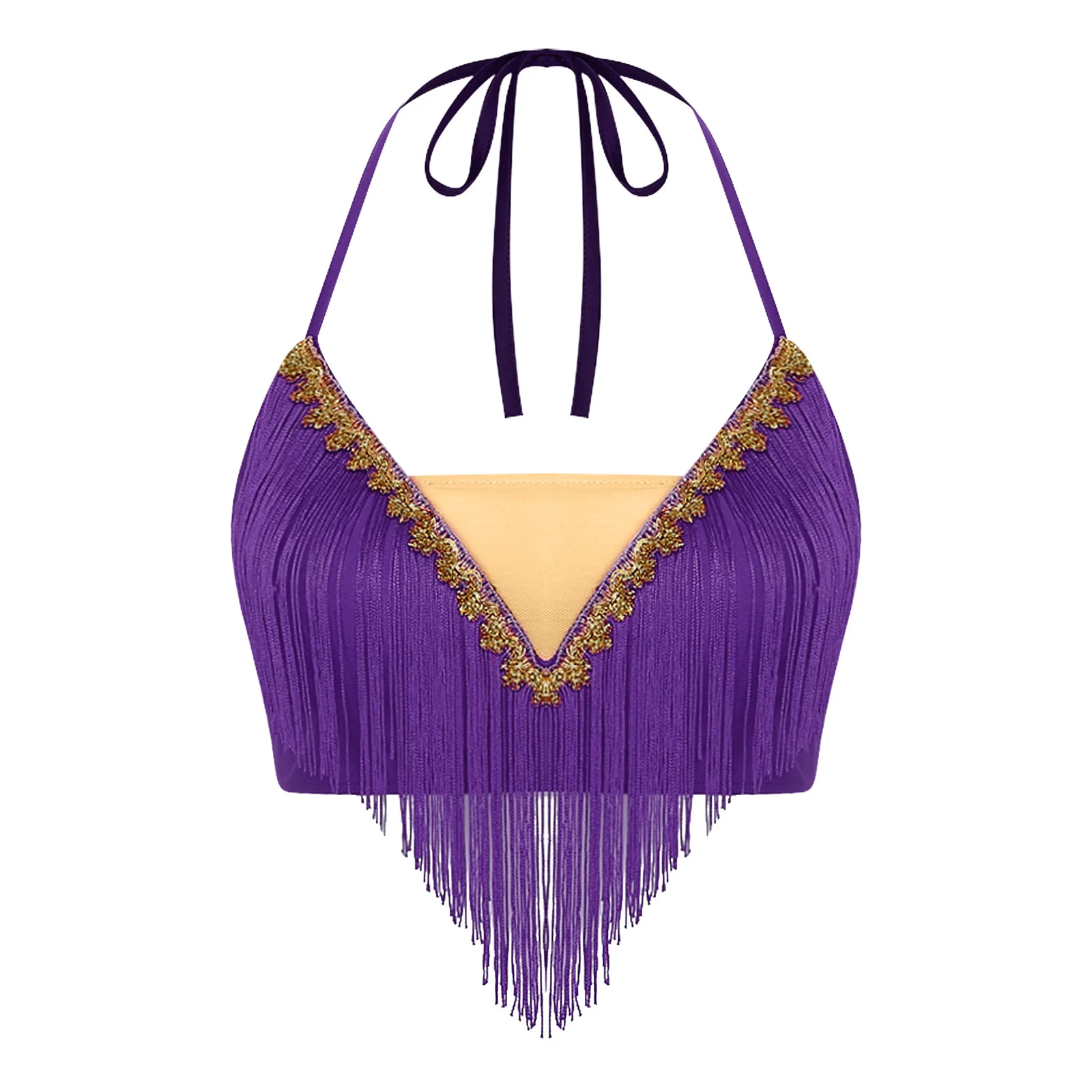 여성 벨리댄스 공연 크롭탑 레이스업 홀터 태슬 및 골드 트림 프린지드 캐미솔 댄스 슬링탑 (수업/무대용)