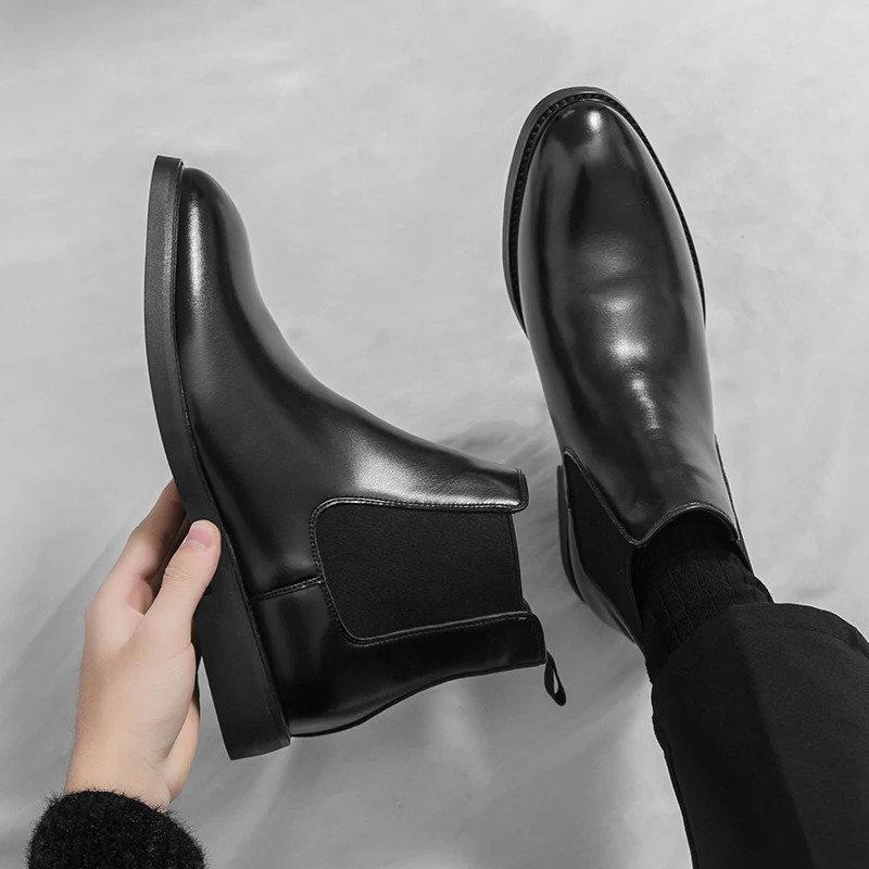British and Korean Style Trendy Men's Casual High-Top Leather Shoes Brock Riding Boots Chelsea Pointed Business Ankle Boots