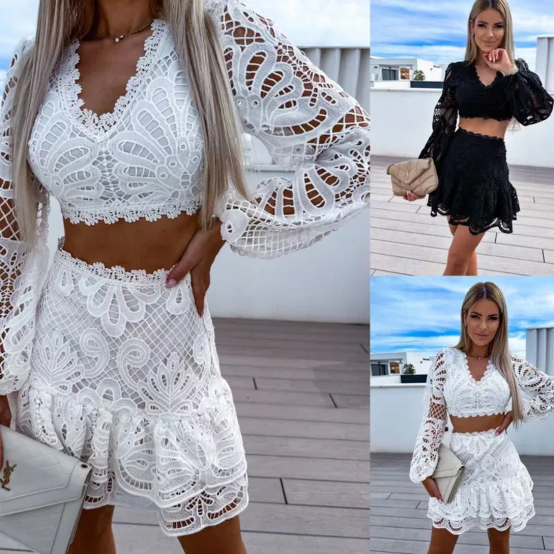 Set ricamo in pizzo cavo fiore 2024 pizzo cavo europeo e americano dolce Top mezza gonna a maniche lunghe in due pezzi nuovo