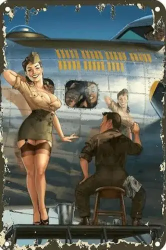 MILITARY METAL TIN SIGN SEXY PIN UP GIRL STANDING NEXT TO AIRPLANE WALL ART-LEGS