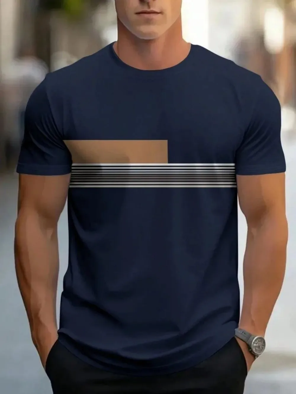 Fashionable men's summer sports striped patchwork print micro elastic breathable round neck T-shirt outdoor casual top