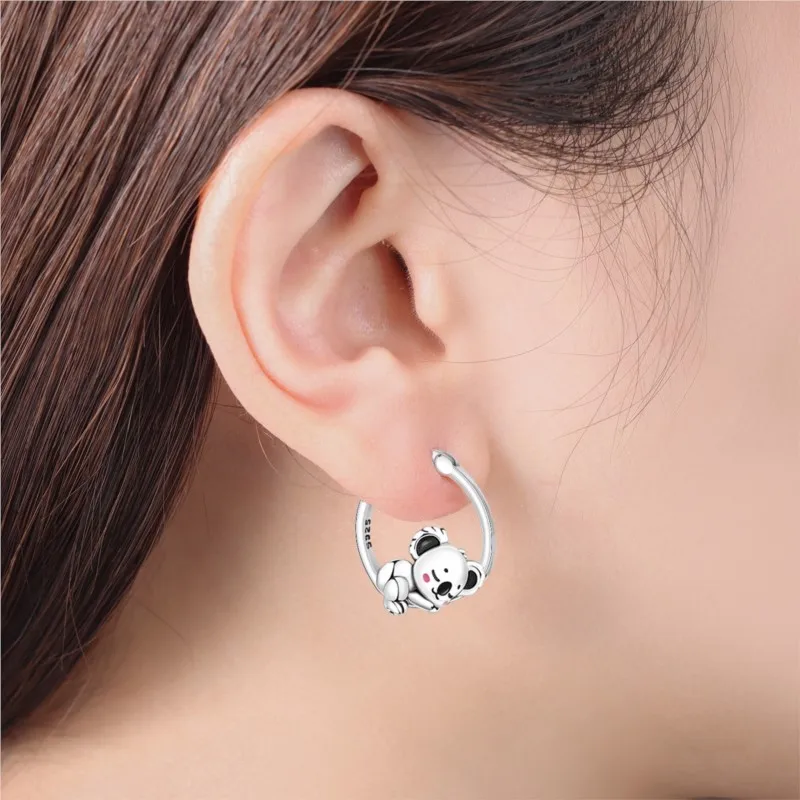 MISEFF 2025 New 925 Sterling Silver Cute Koala Hoop Earrings Round Charms Beads For Fashion DIY Jewelry Women Gifts Making view 4