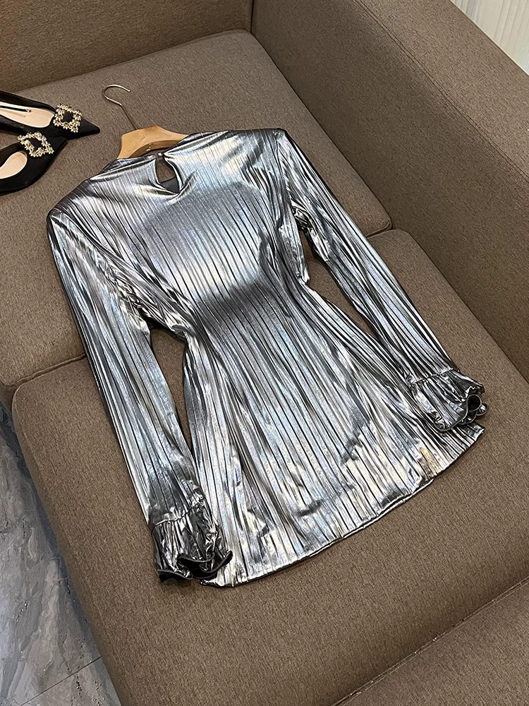 HIGH Quality 2024 Fashion Women\'s Sexy Luxury Glitter Flare Long Sleeve Belted Pleated Mini Party Dress