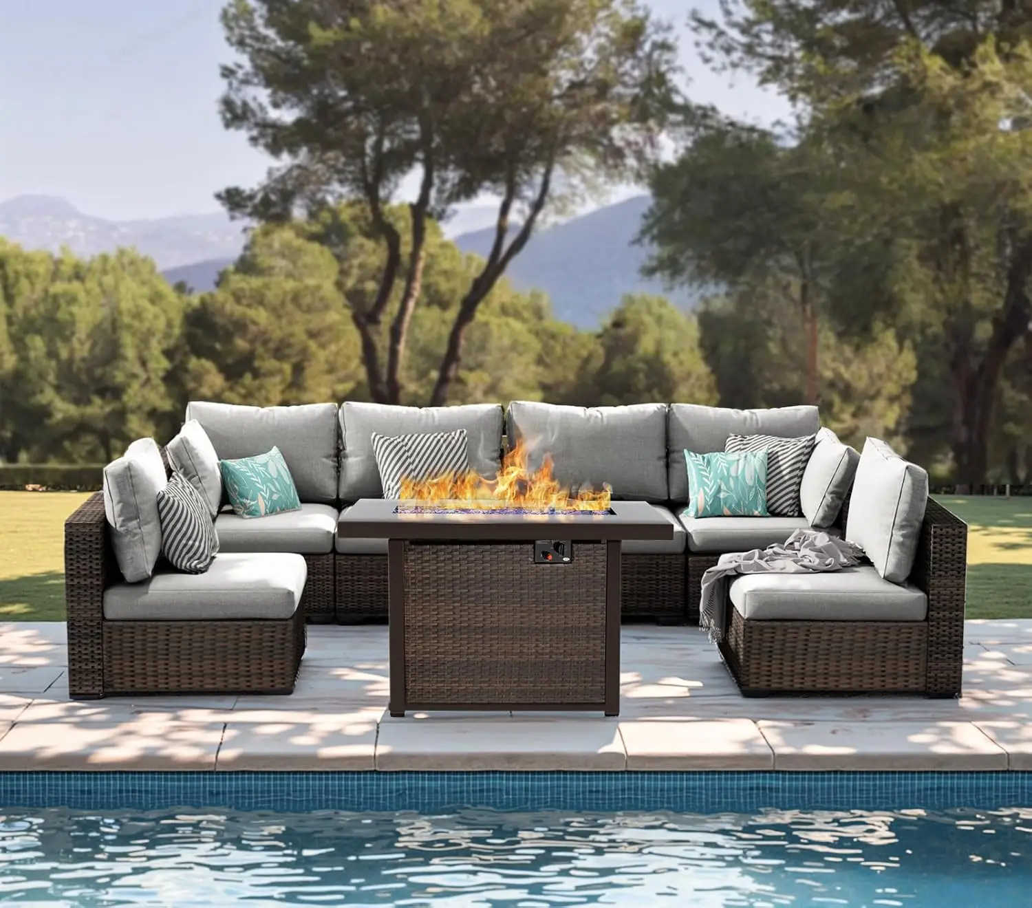 Patio Furniture Set,7 Piece Patio Furniture Set with Fire Pit Table,PE Wicker Rattan Sectional Sofa Patio Conversation, Custom