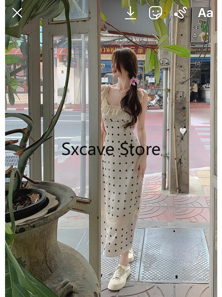 Vintage Casual Elegant Midi Dress Women Beach Style Korean Dress Even Party Sleeveless Korean Fashion Clothing Y2k Chic Lace