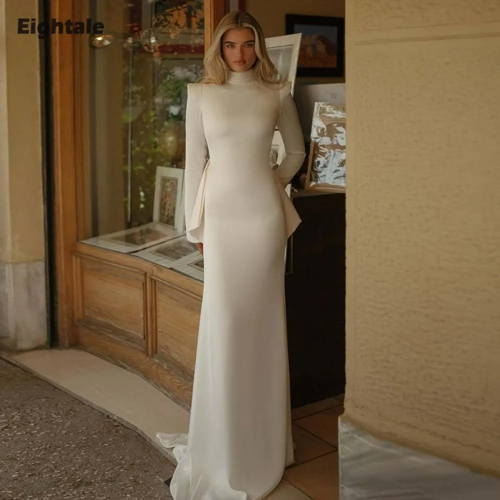 

Eightale Arabic Wedding Dresses High Neck Long Sleeves Satin Customized Bow Mermaid Bridal Gowns vestidos de novia