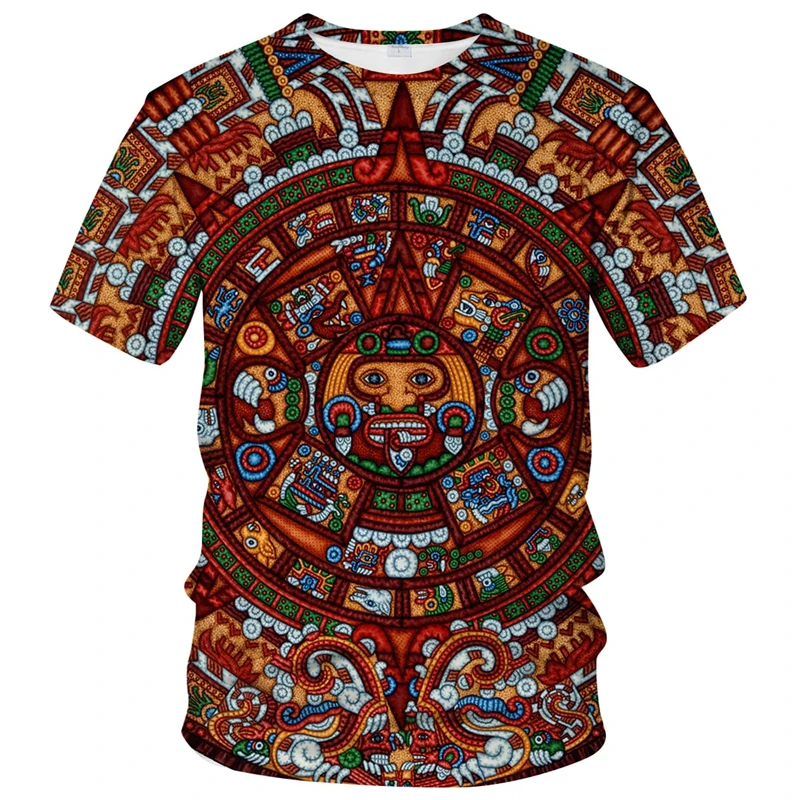Aztec Sun Stone T-Shirt Men Women Mayan Calendar Neon Graphic TeeRetro Fashion 3D Printed T-shirts, Outdoor Sports, Streetwear