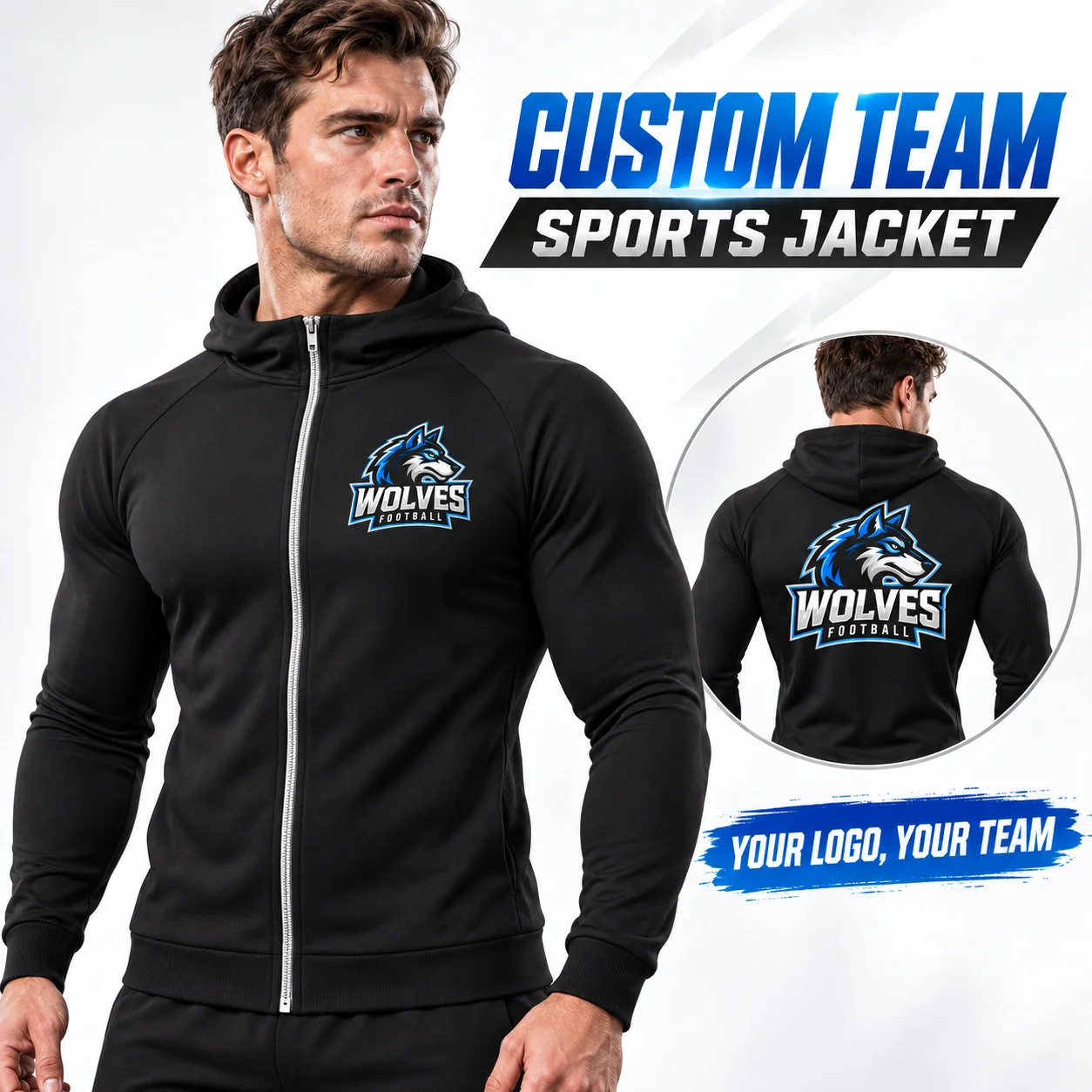 Custom Men's Black Hooded Sports Jacket Full Zip Stretch Running Gym Outdoor Training Teamwear Personalized Logo Apparel for Men