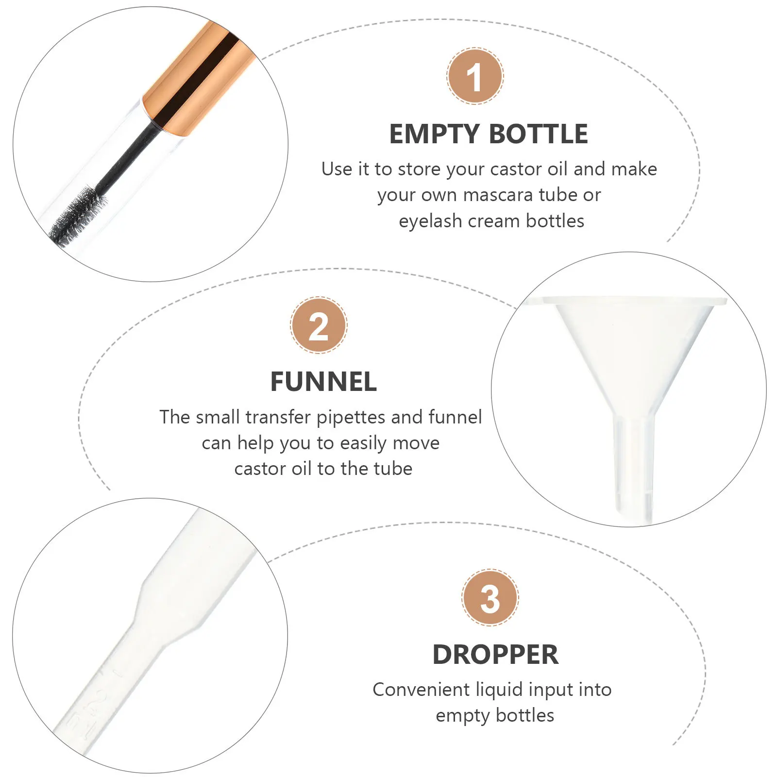 20 piezas tubos de rímel de suero de pestañas, botellas de cepillo vacías, contenedores rellenables transparentes, embudos, pipetas de transferencia para maquillaje de viaje