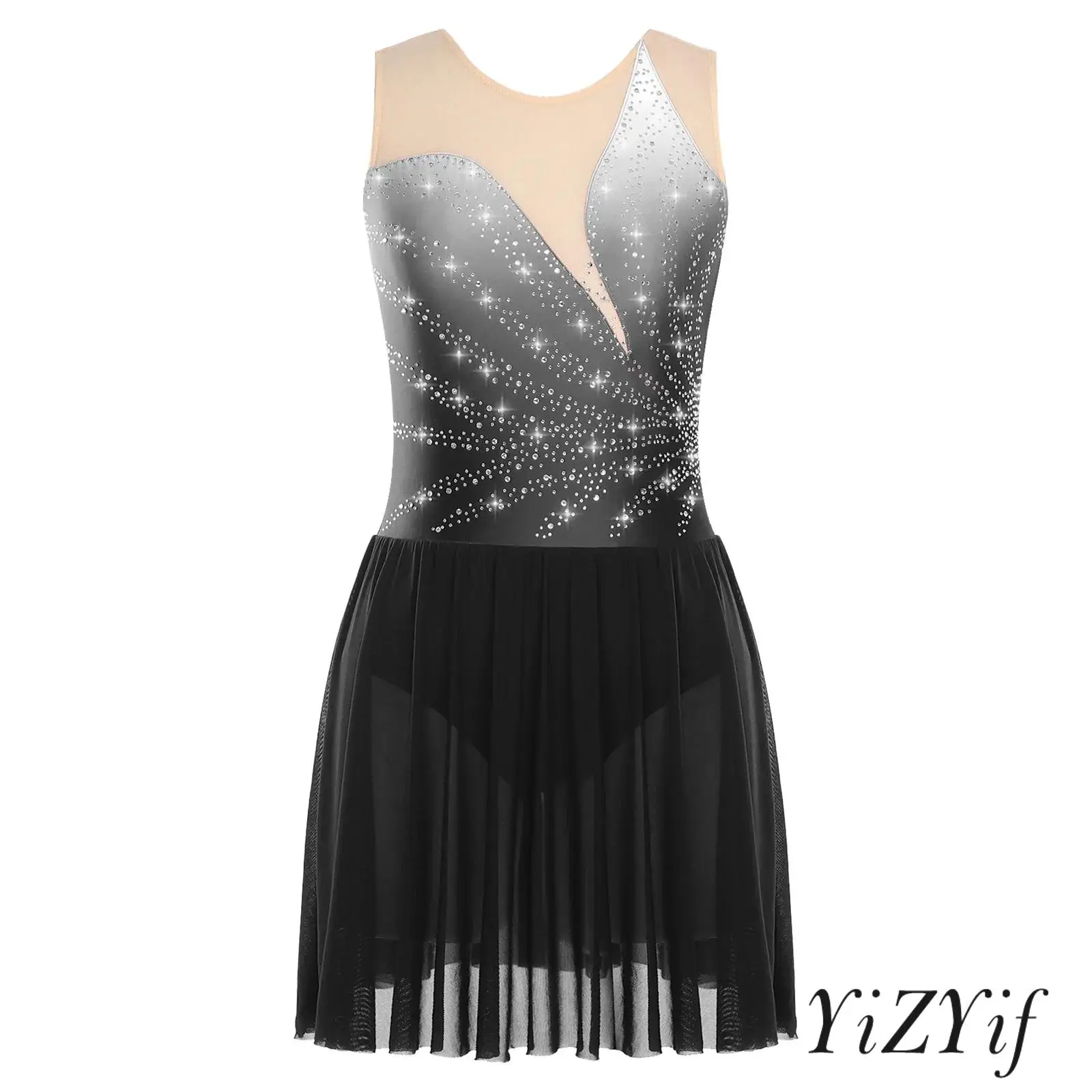 

Women Ballet Lyrical Dance Leotard Rhinestone Sleeveless Ice Skating Dress with Built In Briefs for Profession Dance Performance
