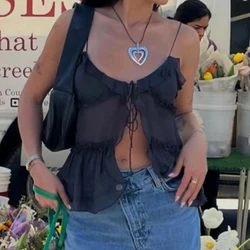 Maemukilabe sexy schwarze Mesh durchsichtige Crop Tops V-Ausschnitt vorne binden Rüschen Camis Sommerferien rücken freie Weste Tops y2k