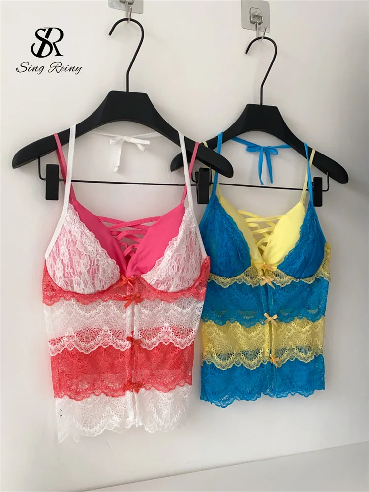 

SINGREINY Holiday Fake Two Piece Tops Halter Strap Backless Holllow Out Lace Splice 2025 Women Hotsweet Swimwear Multicolor Tank